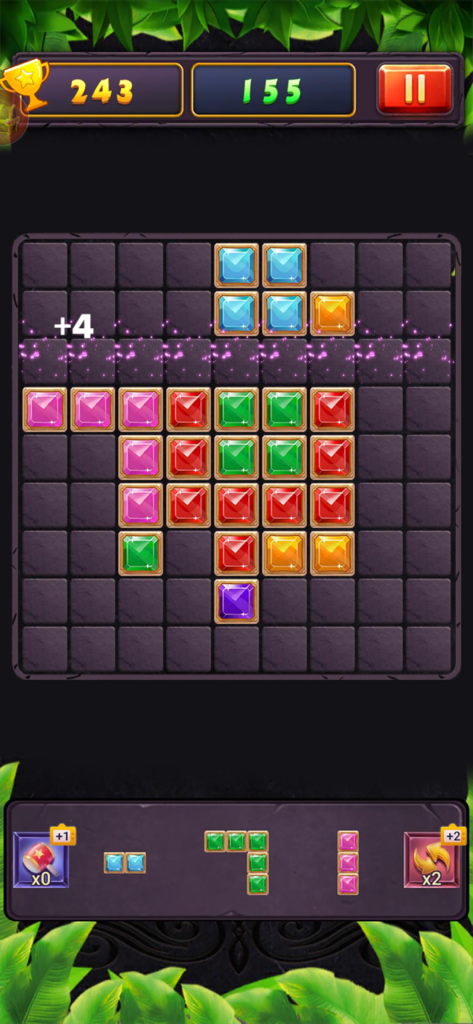 俄罗斯消消方块 - A gameplay screenshot showing a jewel-themed block puzzle grid with colorful gems and a clearing row.