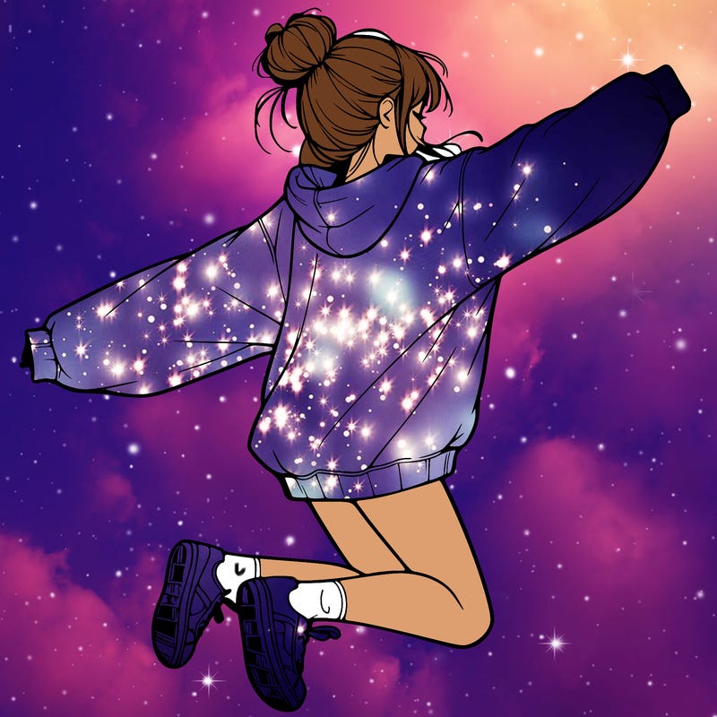 realistic girl jumping with a bun and oversized sweatshirt