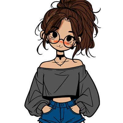 girl with a messy ponytail glasses a baggy crop top and jean shorts