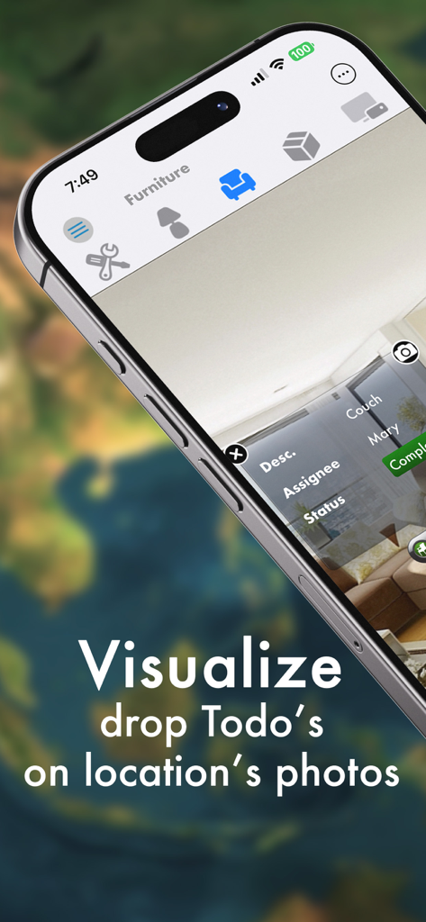 Pro Moving Planner - A mobile phone screen showing the Pro Moving Planner app feature that lets users place task markers and furniture icons on photos of their new home