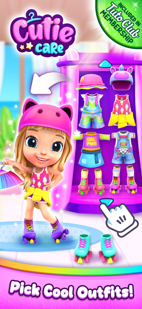 A young girl character choosing colorful outfits and roller skates in the Cutie Care mobile game