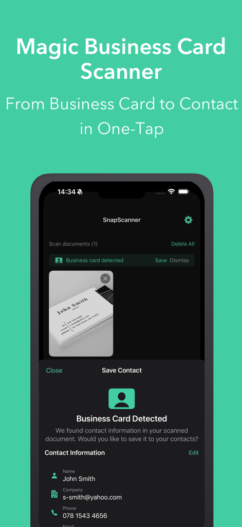 SnapScanner+ PDF, Docs & Cards - SnapScanner 앱 인터페이스, 명함을 스캔하여 디지털 연락처로 저장하는 기능 표시
