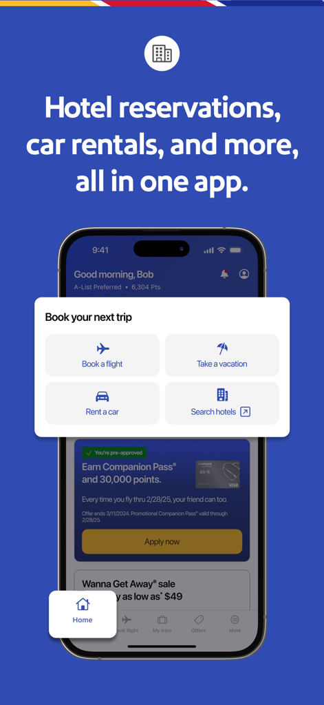 Southwest Airlinesアプリの画面に、フライト、ホテル、レンタカーの予約ボタンが表示されています。