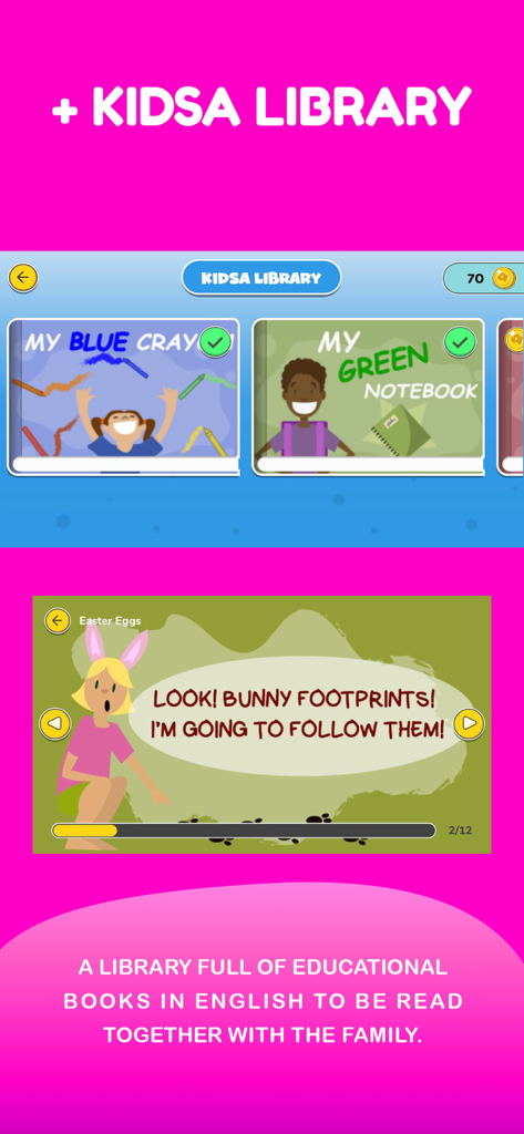 The First English - Kidsa English app digital library featuring educational books and interactive stories for children