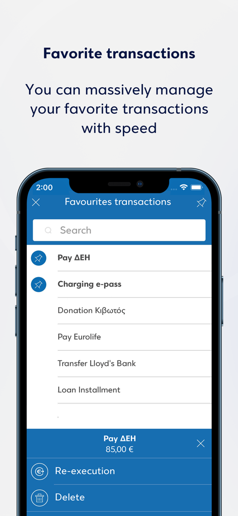 Mobile interface of the Eurobank Business App showing a list of favorite transactions for quick business management