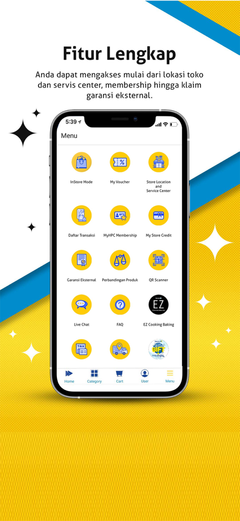 Screen showing MyHartono app features including membership, vouchers, and store locations