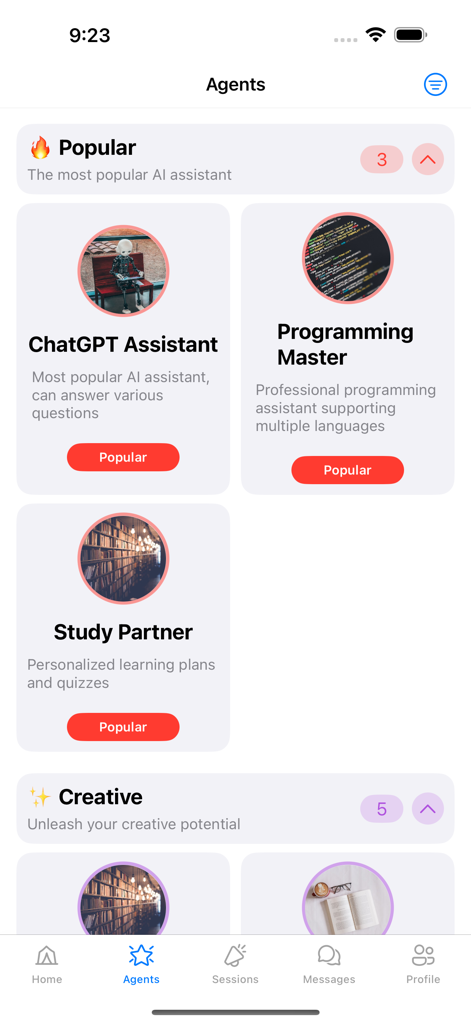 Sahra Chat app interface showing various popular AI assistants for chat, programming, and studying