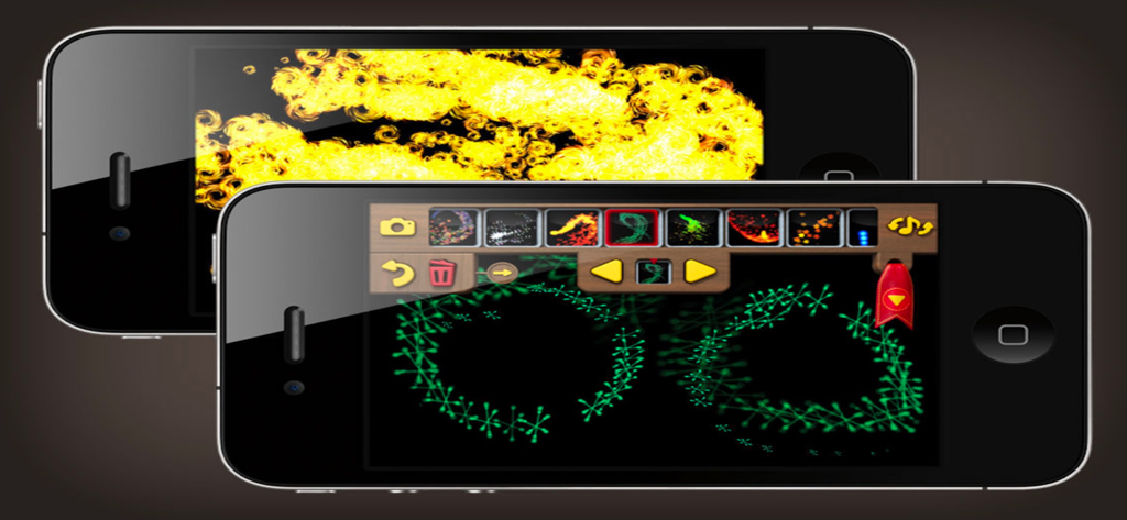Magic Fingers: Amazing Paint! - Two iPhones showing glowing green and yellow light patterns in the Magic Fingers creative app