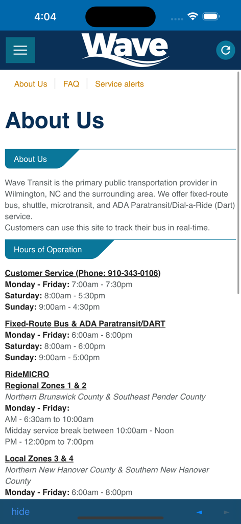 Wave Transit - Wilmington - Wave Transit Wilmington app About Us page with service information and hours of operation.