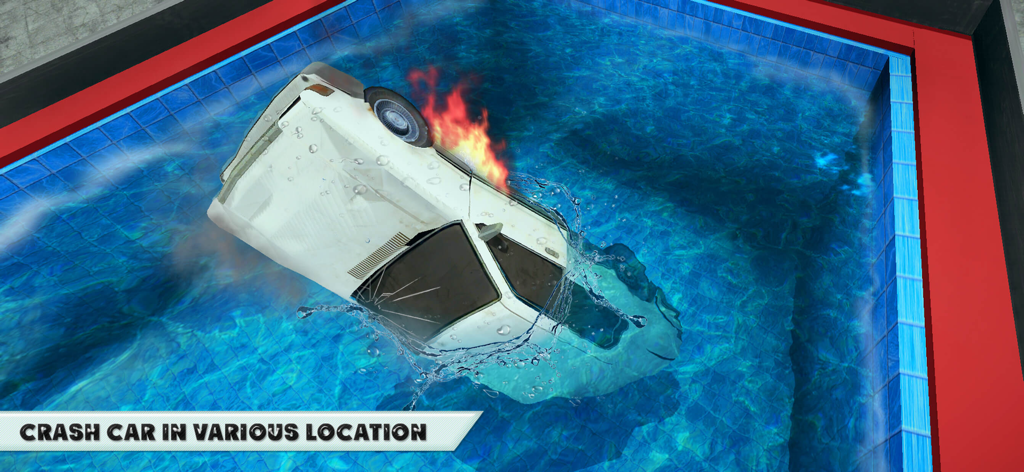 A white car on fire sinking into a blue swimming pool in a 3D car crash simulation game.