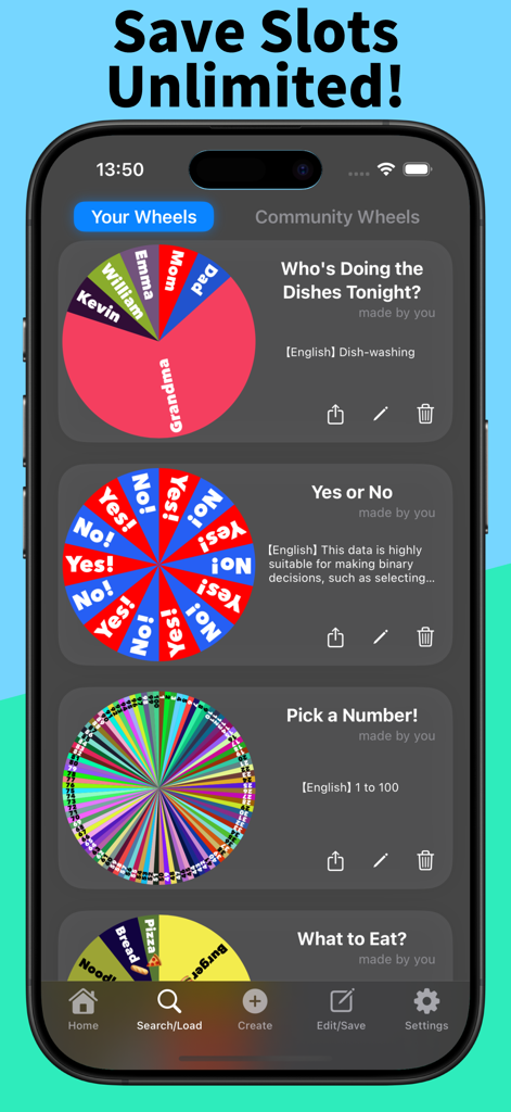 App screen showing a collection of custom saved decision wheels with titles like Who Is Doing the Dishes and Yes or No
