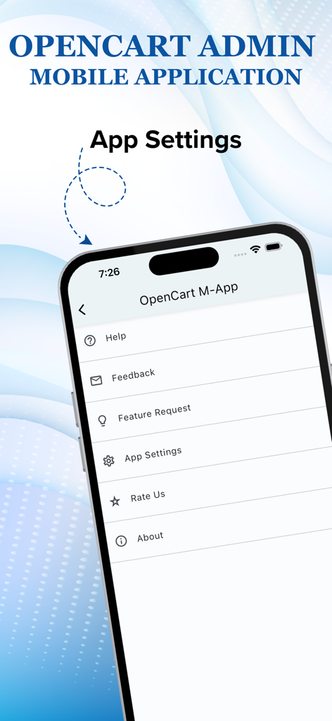Opencart Admin Mobile App. - Opencart Admin Mobile App-Einstellungsbildschirm auf einem iPhone mit Menüoptionen für Hilfe, Feedback und App-Einstellungen.