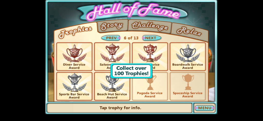 Burger Shop (No Ads) - Pantalla del Salón de la Fama de Burger Shop mostrando varios trofeos y premios de servicio de restaurante.