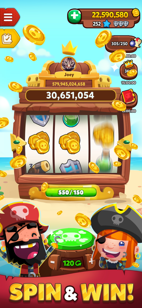 A screenshot of Pirate Kings mobile game showing the slot machine mechanic and pirate characters.