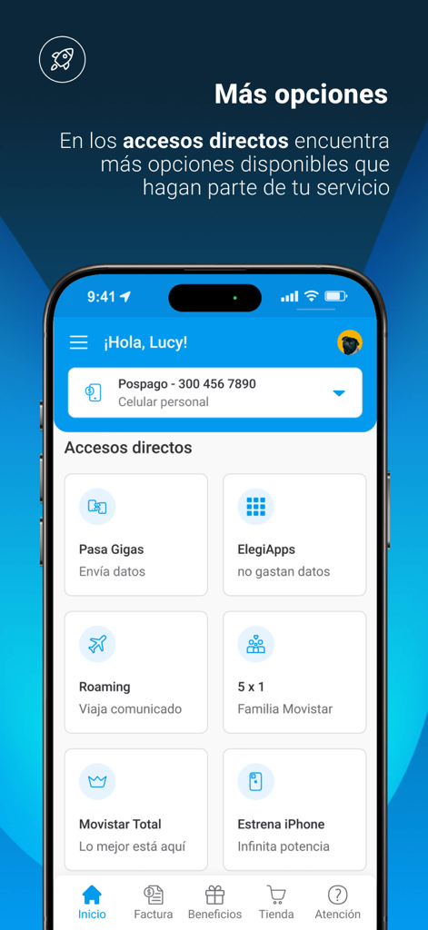 Pantalla de la aplicación móvil Mi Movistar Colombia que muestra atajos de cuenta para compartir datos, roaming y beneficios familiares.