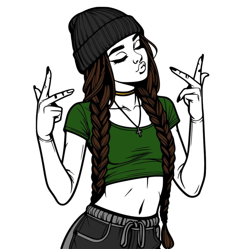 realistic teenage girl with braids and a beanie and crop top doing 🫶🏼