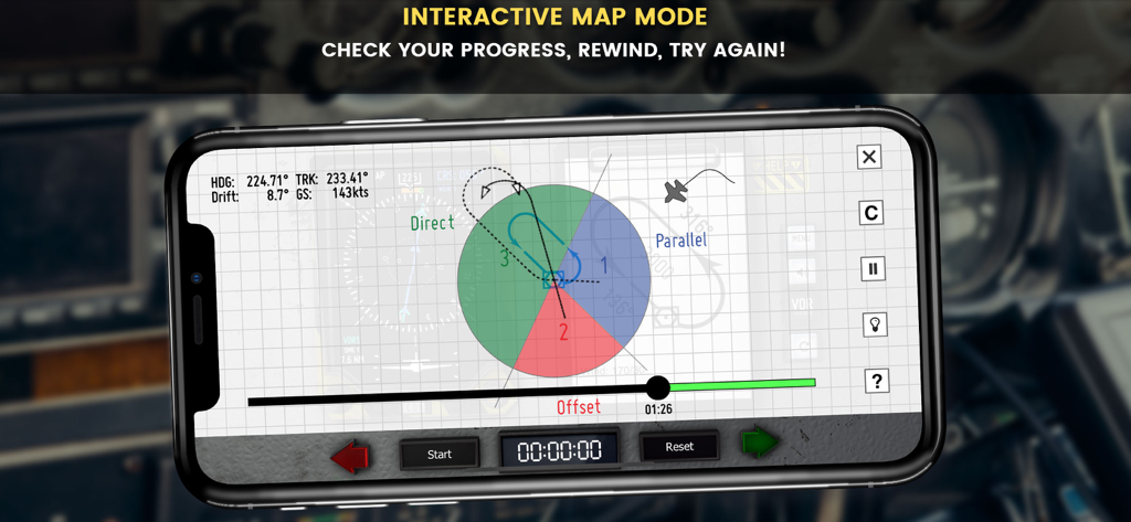 VOR Tracker - IFR Nav Trainer - Interactive map mode in VOR Tracker showing holding pattern entry sectors and flight progress.