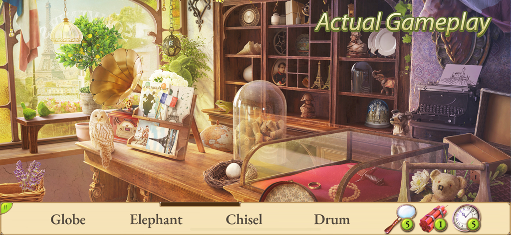 Secrets of Paris Hidden Object - Hidden object gameplay showing a vintage room with a view of the Eiffel Tower.