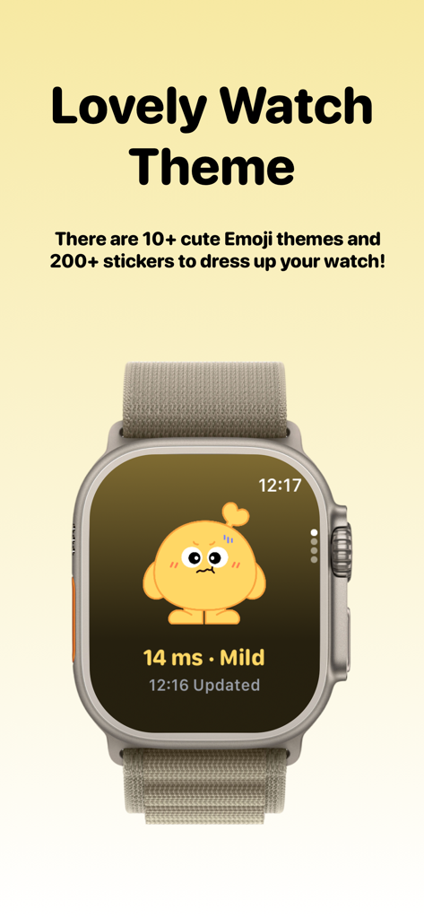 귀여운 노란색 이모티콘 테마와 StressTracker 앱의 가벼운 스트레스 수준 데이터를 보여주는 Apple Watch 화면
