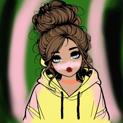 realistic girl with a massy bun and a hoodie