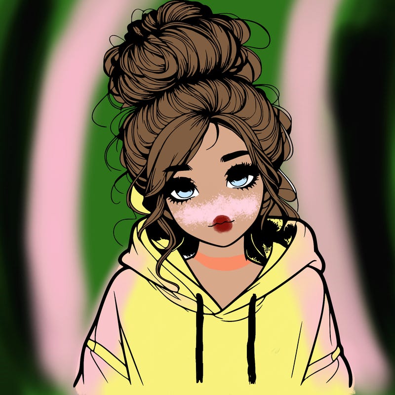 realistic girl with a massy bun and a hoodie