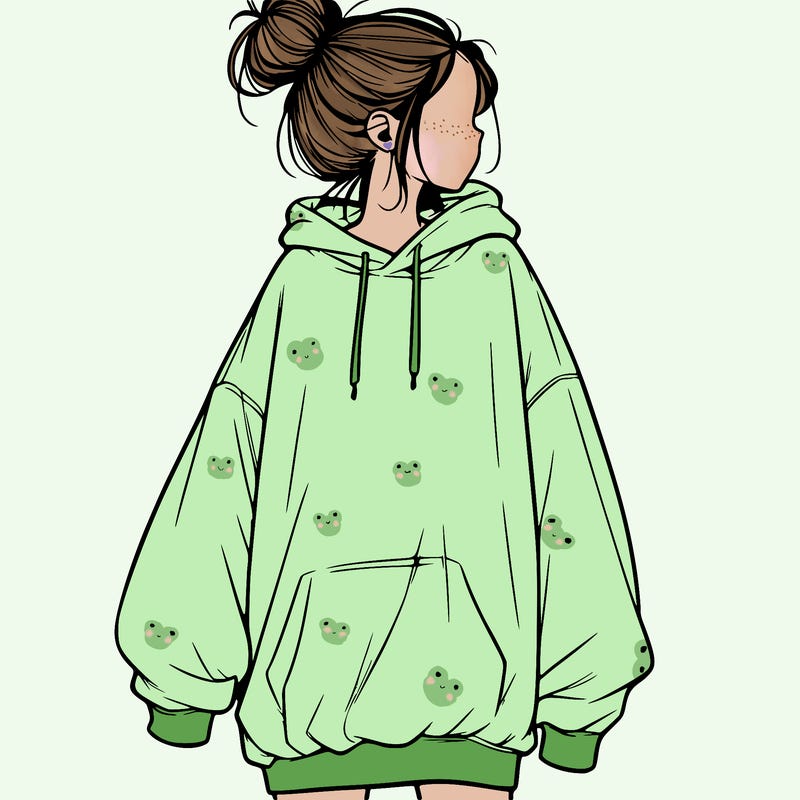 realistic girl with a oversized sweatshirt on and a bun