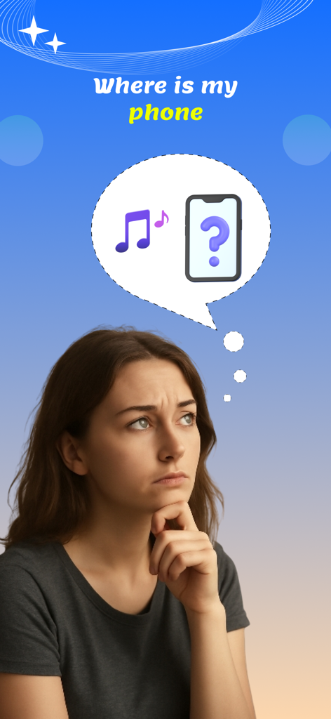 Anti theft : Don't touch phone - Woman looking for her phone with a thought bubble of musical notes and a smartphone