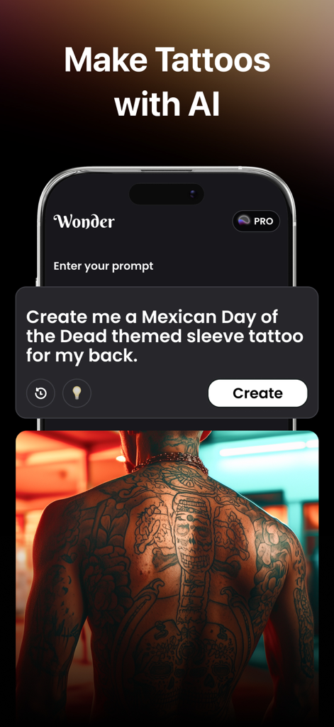 Wonder - AI Art Generator - Wonder AI Art Generator app screen showing a custom tattoo design of a Mexican Day of the Dead theme on a person's back.
