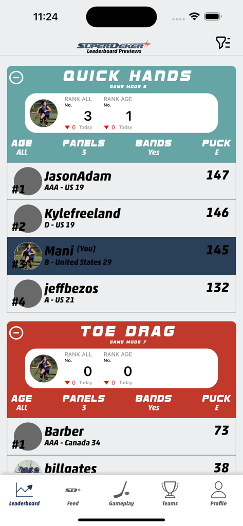 SuperDeker App - Hockey player rankings on the SuperDeker app leaderboard for stickhandling training games