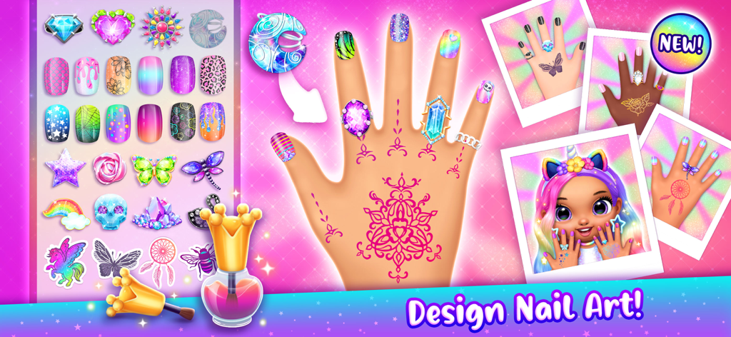 Pantalla de diseño de manicura virtual que muestra manicuras coloridas, anillos y pegatinas en el juego Princesas Castillo Encantado.