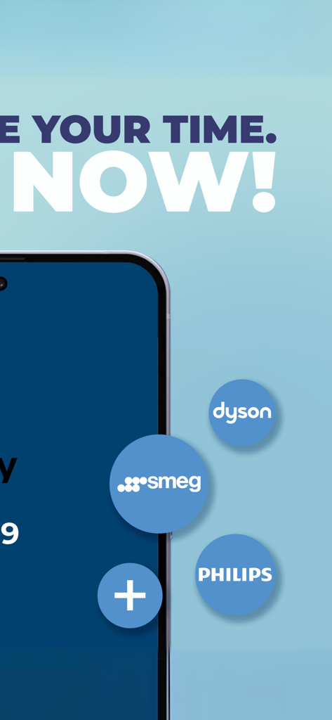 Interface do aplicativo de compras OneDayOnly apresentando logotipos de marcas como Smeg Dyson e Philips