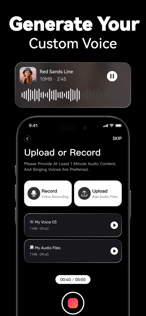 VocalMe Music: AI Cover Songs - Interfaz de la aplicación VocalMe que muestra opciones para grabar o cargar archivos de audio para generar una voz personalizada con IA.