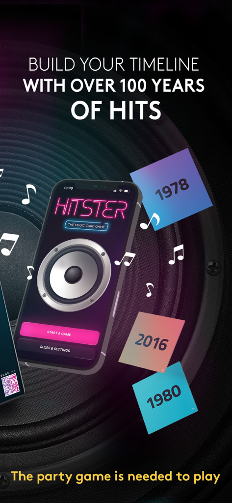 HITSTER - Pantalla de inicio de la aplicación HITSTER mostrando cartas de línea de tiempo musical y un fondo de altavoz