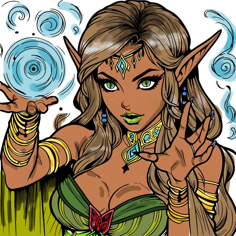 realistic scary beautiful elf sorceress casting spell