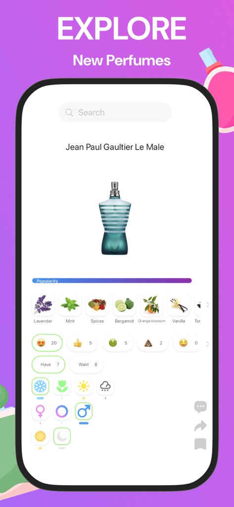Fragram • Perfume Finder - A detailed view of Jean Paul Gaultier Le Male perfume profile on the Fragram app showing scent notes and popularity statistics