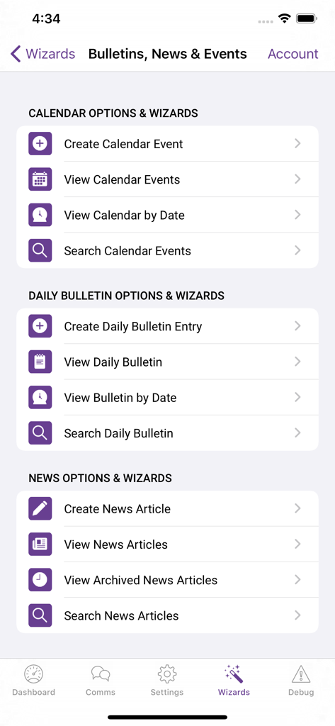 iTeacher App - iTeacher App interface showing management options for calendar events daily bulletins and news articles within the wizards tab