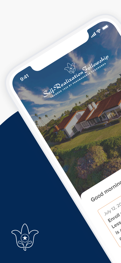 Pantalla de inicio de la aplicación de meditación SRF YSS con marca de Self Realization Fellowship e imágenes serenas