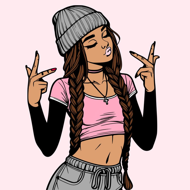 realistic teenage girl with braids and a beanie and crop top doing 🫶🏼