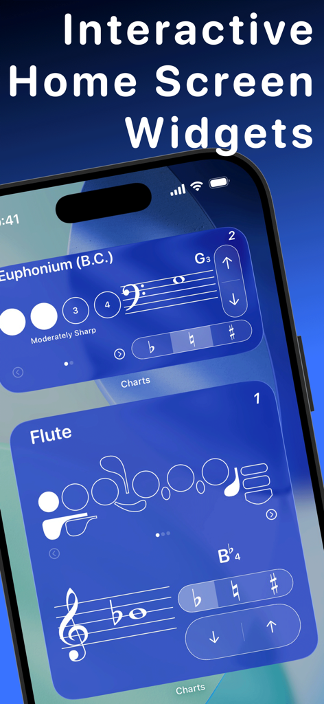 Interactive iOS home screen widgets showing instrument fingering charts for flute and euphonium