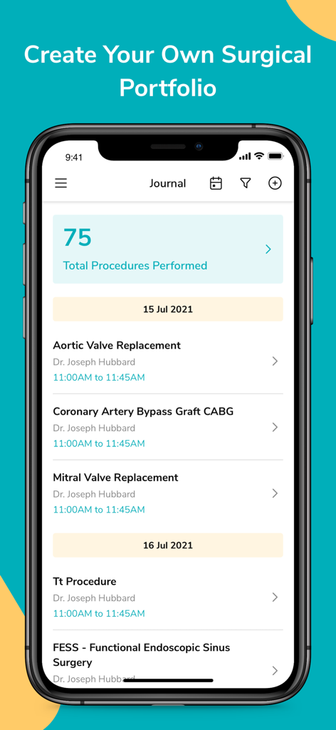 ScrubUp Surgical Procedures - Surgical portfolio in ScrubUp app showing total procedures performed and a list of medical cases by date