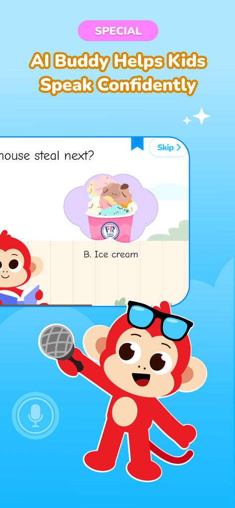 A red monkey character holding a microphone in the Monkey Stories app interface promoting the AI Buddy feature for English speaking practice