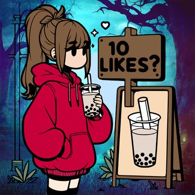 girl with oversized hoodie drinking boba and she has a high ponytail with a sign that says 10likes?