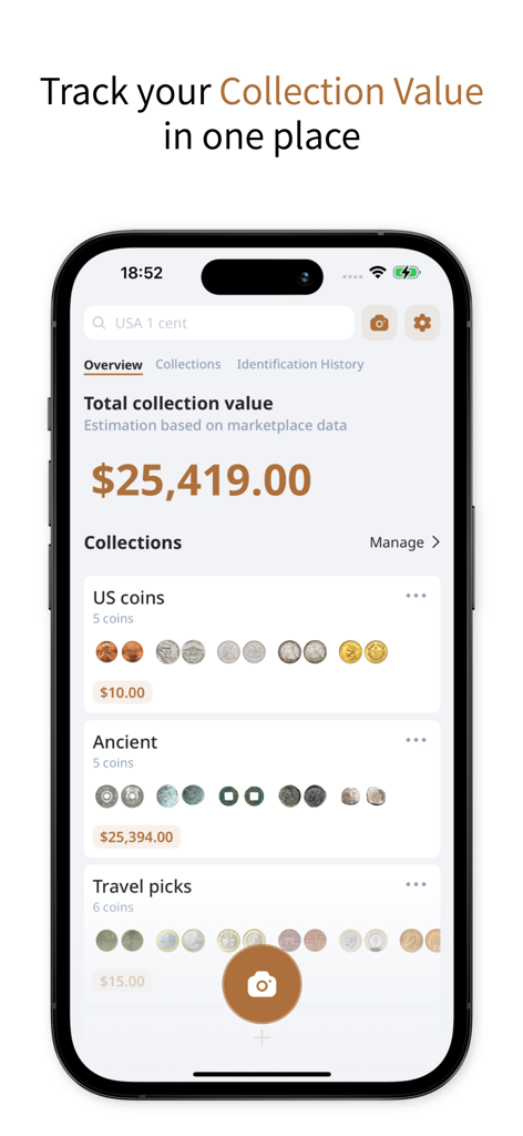 ScanCoin: identify & check - ScanCoin app interface displaying a total collection value of twenty five thousand dollars and organized coin sets like US coins and ancient coins
