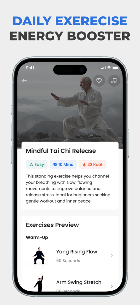 Screenshot of Tai Chi for Beginners Seniors app showing a 10 minute Mindful Tai Chi Release workout routine with exercise previews.