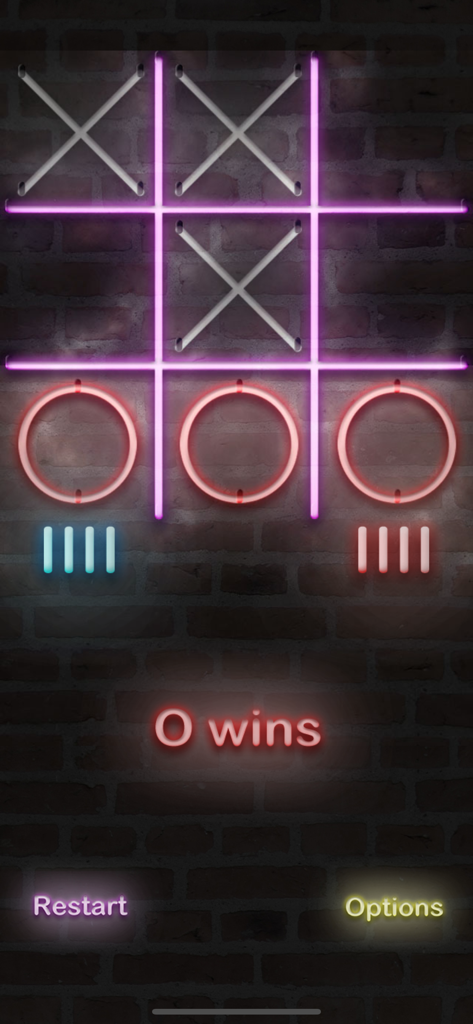 Tic Tac Toe - FULL GAME - Un juego de Tic Tac Toe estilo neón sobre un fondo de ladrillo oscuro que muestra tres círculos rojos en raya con el texto O wins.