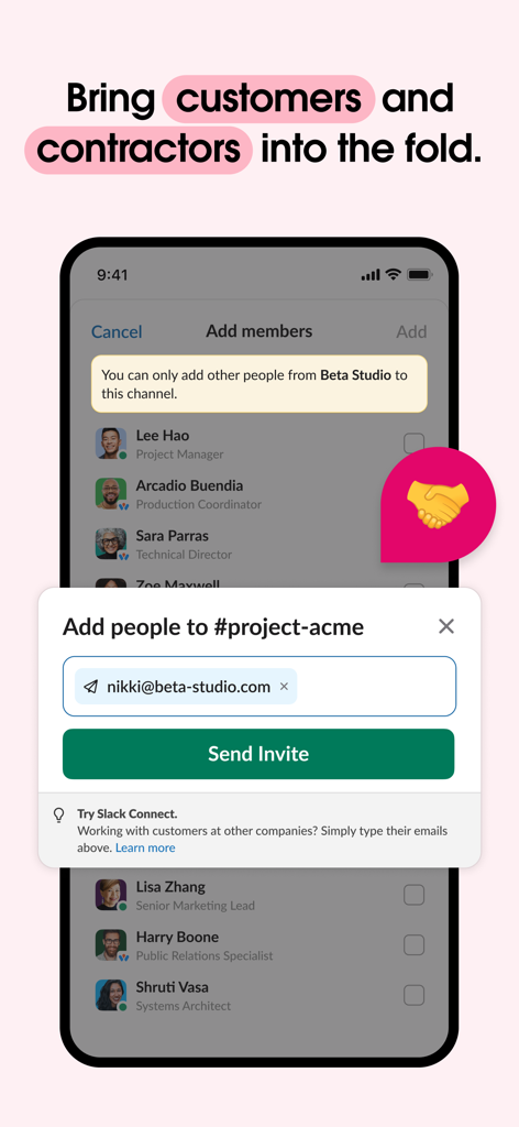 Slack mobile app interface showing a window to invite external partners to a project channel.