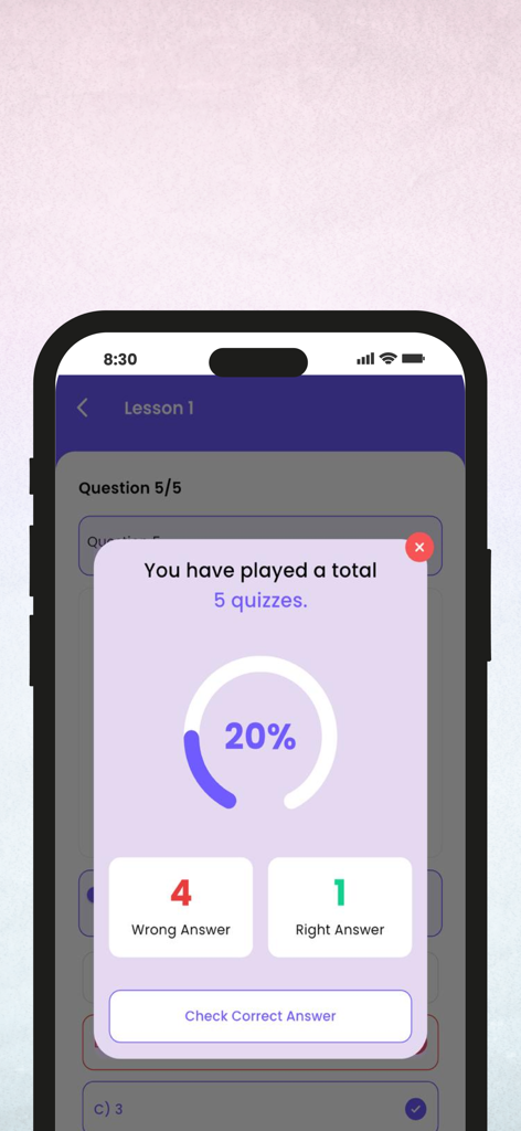 A quiz results screen in the JLPT in Nepali app showing a twenty percent score with one right and four wrong answers.
