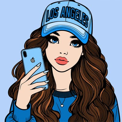 realistic beautiful girl wearing los ángeles cap holding an iphone