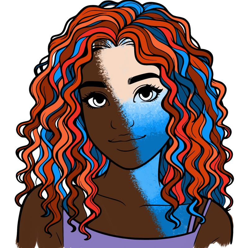 realistic, teenage girl with curly hair