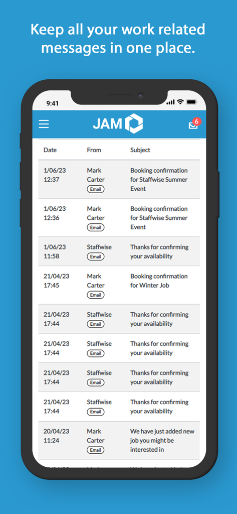 JAM Event Services - JAM Event Services app screen showing a list of work-related messages including booking confirmations and availability updates